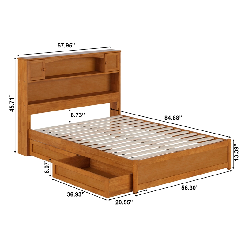 Denver Full Wood Platform Bed with Storage Drawers in Light Toffee