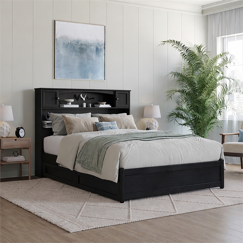 Denver Full Wood Platform Bed with Storage Drawers in Black