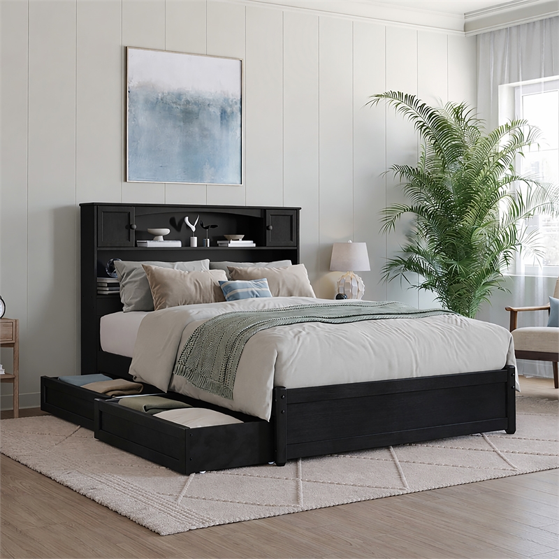 Denver Full Wood Platform Bed with Storage Drawers in Black