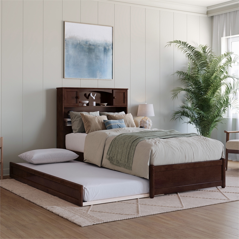 Denver Twin XL Wood Platform Bed with Twin XL Trundle in Walnut