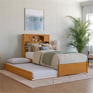 Denver Twin XL Wood Platform Bed with Twin XL Trundle in Light Toffee