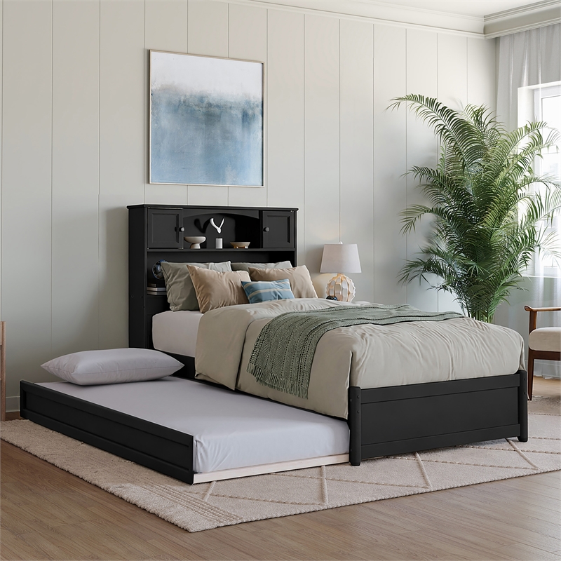 Denver Twin XL Wood Platform Bed with Twin XL Trundle in Black