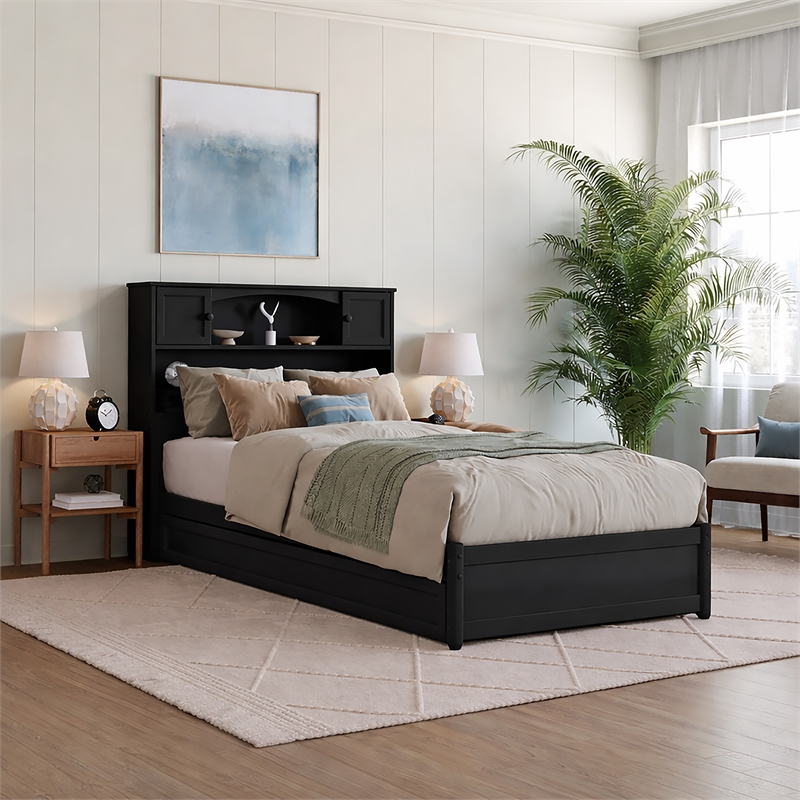 Denver Twin XL Wood Platform Bed with Twin XL Trundle in Black