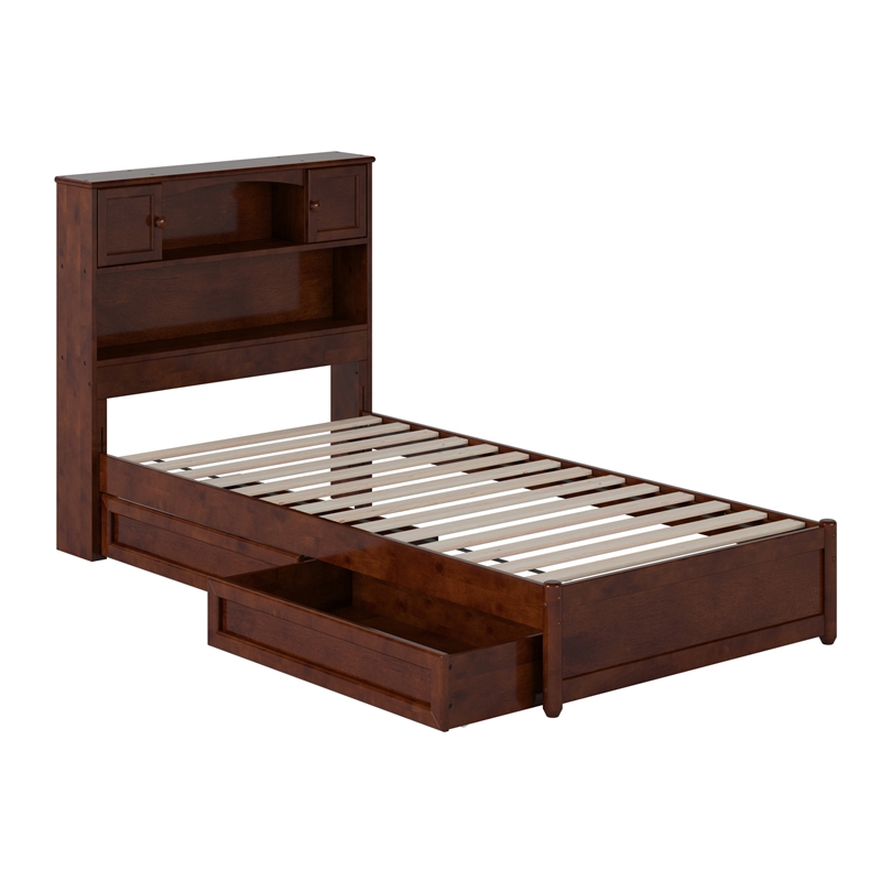 Denver Twin XL Wood Platform Bed with Storage Drawers in Walnut