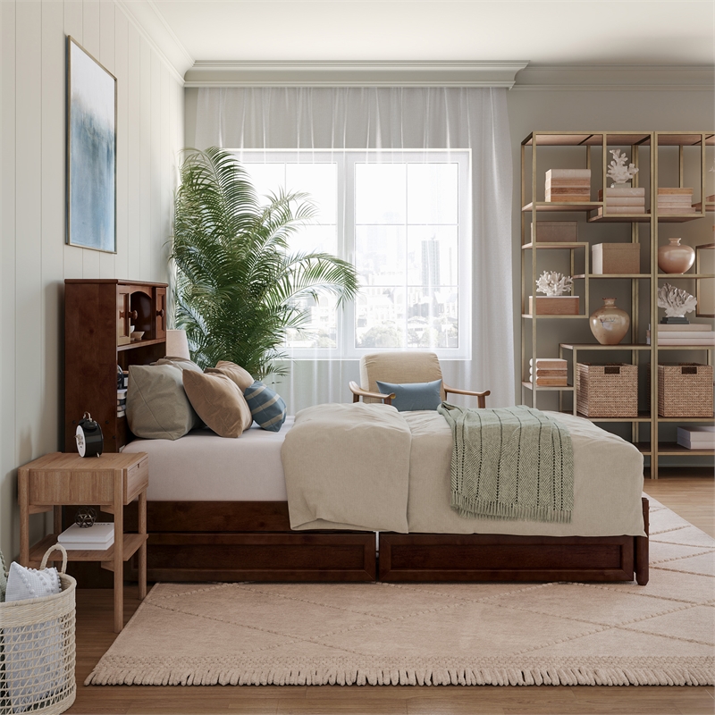 Denver Twin XL Wood Platform Bed with Storage Drawers in Walnut