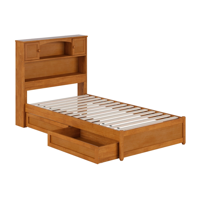 Denver Twin XL Wood Platform Bed with Storage Drawers in Light Toffee