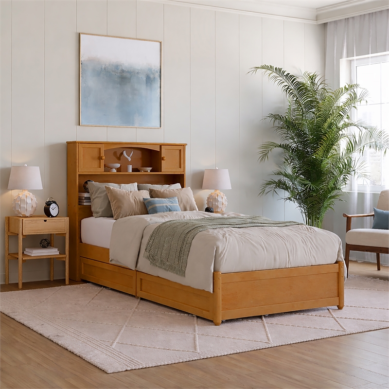 Denver Twin XL Wood Platform Bed with Storage Drawers in Light Toffee