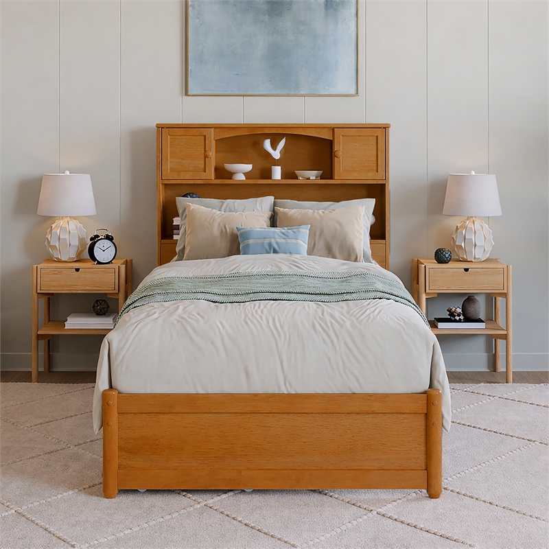 Denver Twin XL Wood Platform Bed with Storage Drawers in Light Toffee
