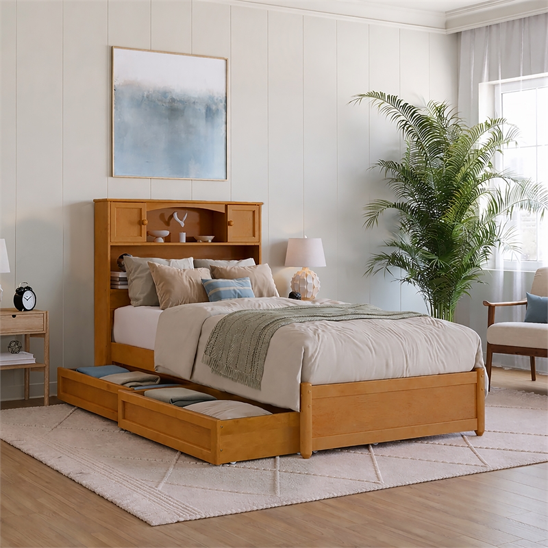 Denver Twin XL Wood Platform Bed with Storage Drawers in Light Toffee