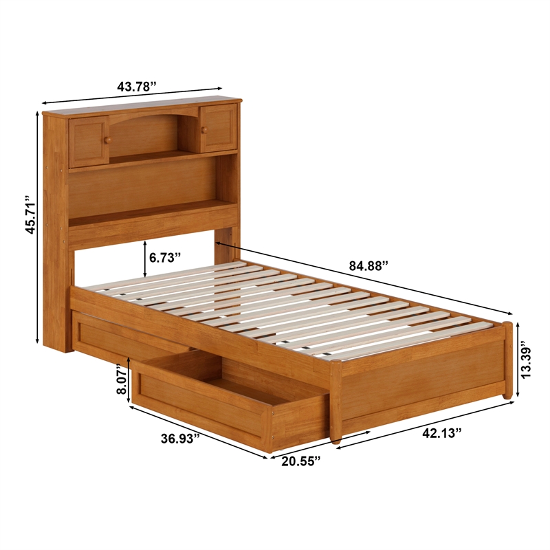 Denver Twin XL Wood Platform Bed with Storage Drawers in Light Toffee