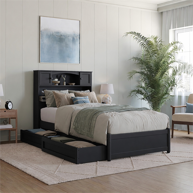 Denver Twin XL Wood Platform Bed with Storage Drawers in Black