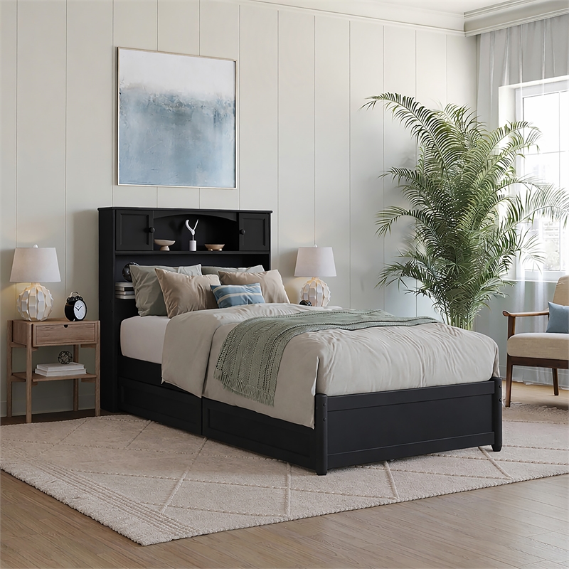Denver Twin XL Wood Platform Bed with Storage Drawers in Black
