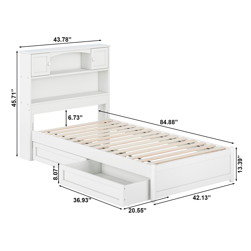 Denver Twin Wood Platform Bed with Storage Drawers in White