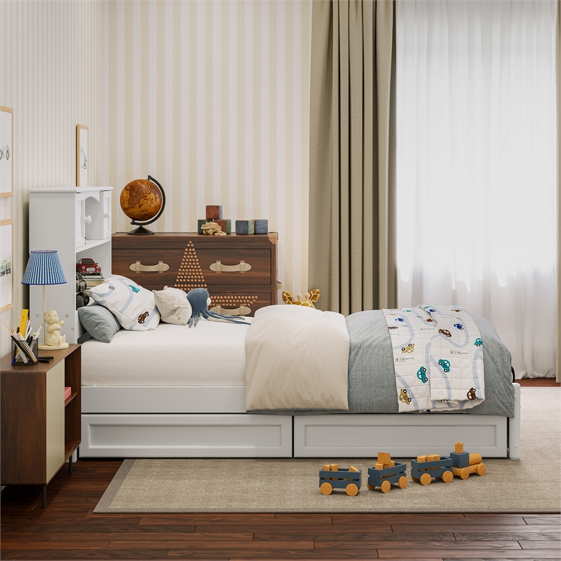Denver Twin Wood Platform Bed with Storage Drawers in White