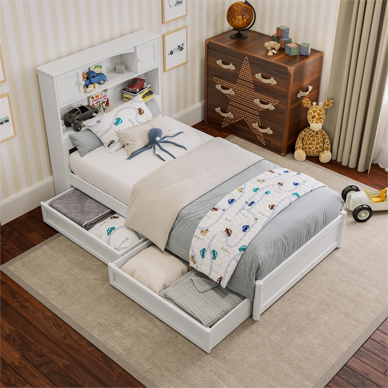Denver Twin Wood Platform Bed with Storage Drawers in White
