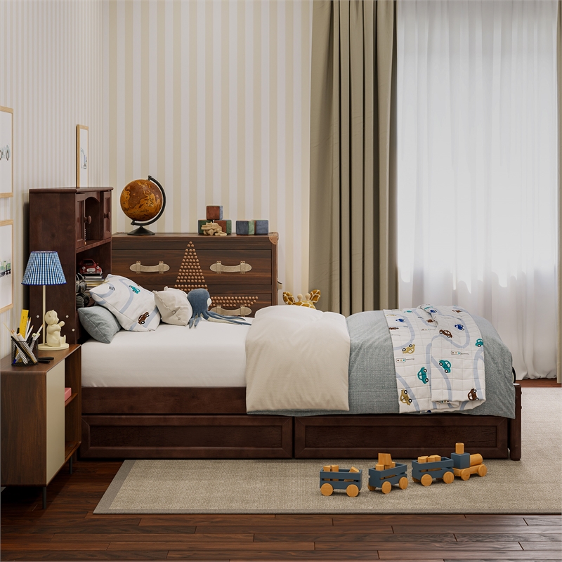 Denver Twin Wood Platform Bed with Storage Drawers in Walnut
