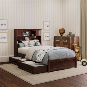 Denver Twin Wood Platform Bed with Storage Drawers in Walnut