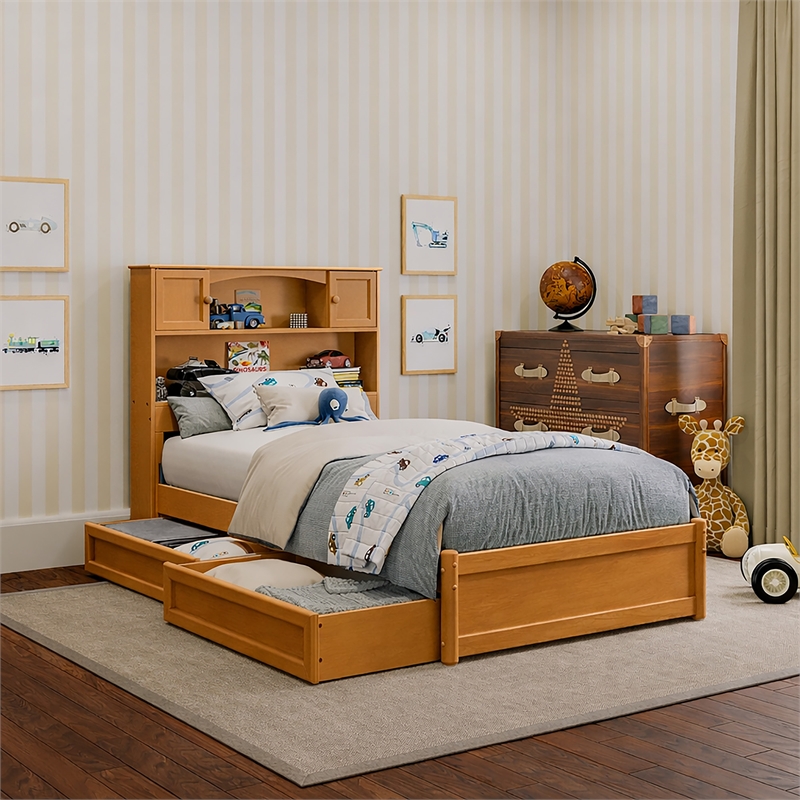 Denver Twin Wood Platform Bed with Storage Drawers in Light Toffee
