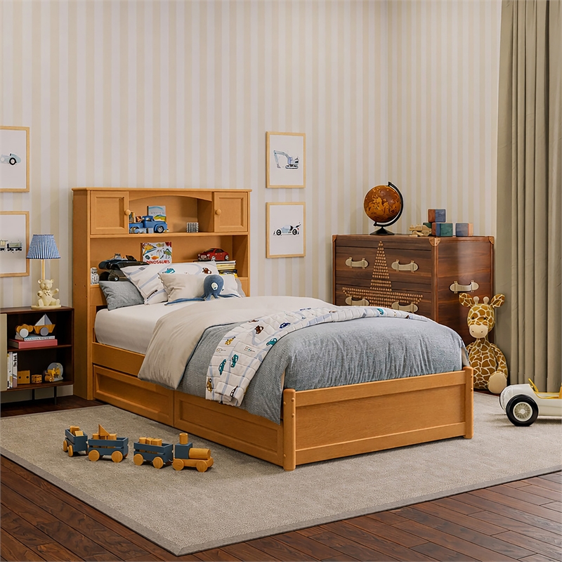 Denver Twin Wood Platform Bed with Storage Drawers in Light Toffee