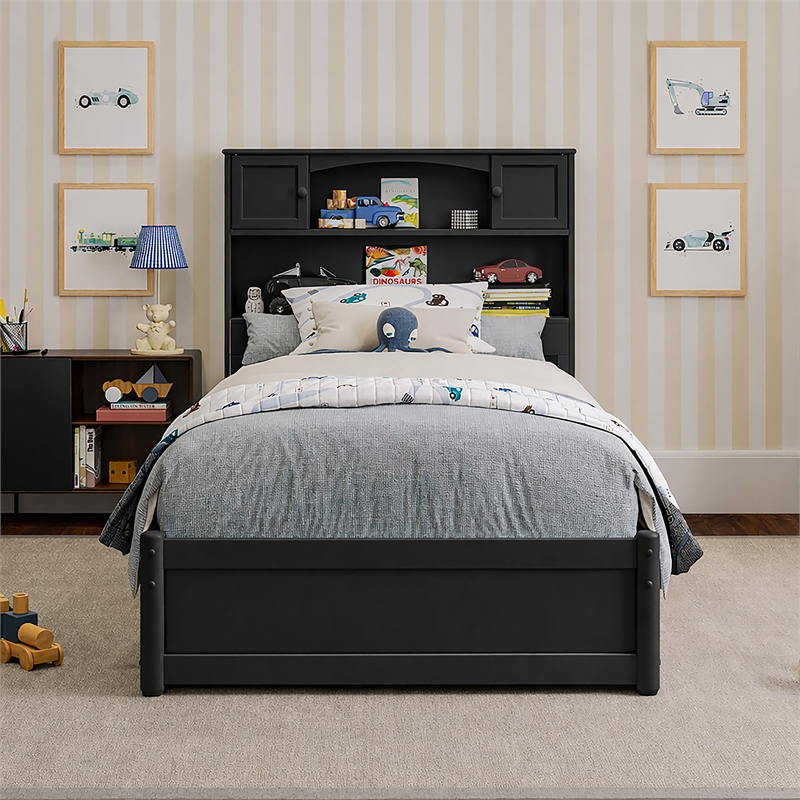 Denver Twin Wood Platform Bed with Storage Drawers in Black