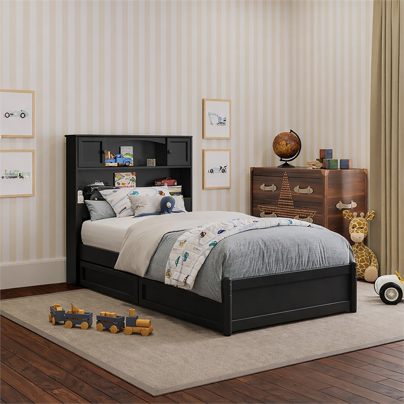 Denver Twin Wood Platform Bed with Storage Drawers in Black