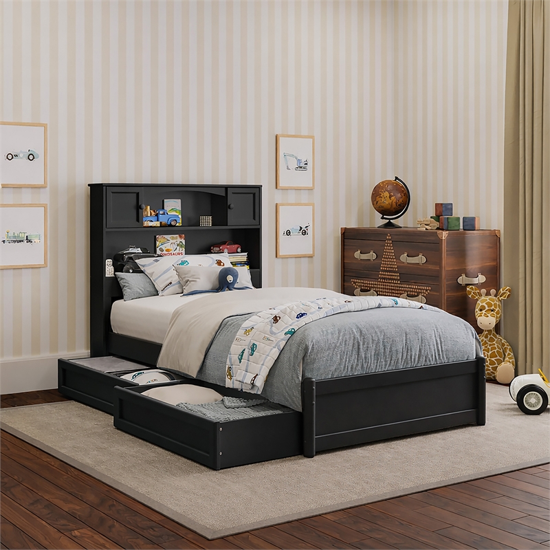 Denver Twin Wood Platform Bed with Storage Drawers in Black