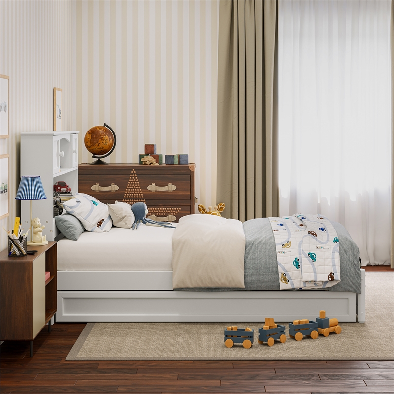 Denver Twin Wood Platform Bed with Twin Trundle in White