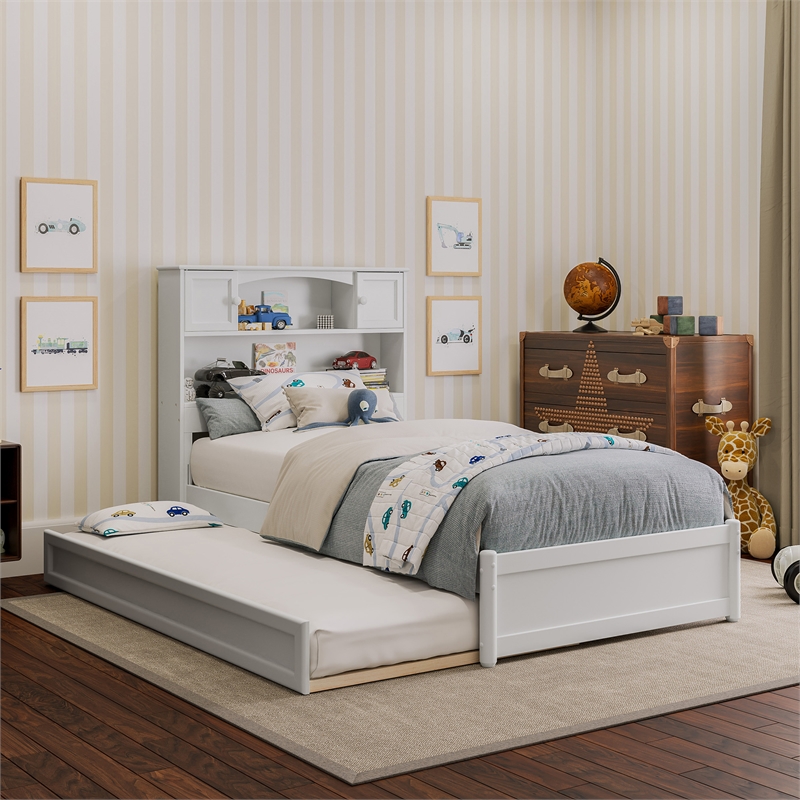 Denver Twin Wood Platform Bed with Twin Trundle in White