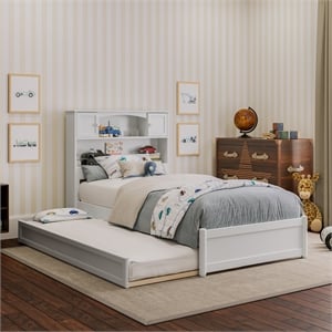 Denver Twin Wood Platform Bed with Twin Trundle in White