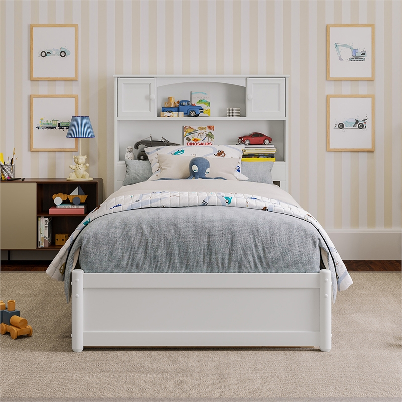 Denver Twin Wood Platform Bed with Twin Trundle in White