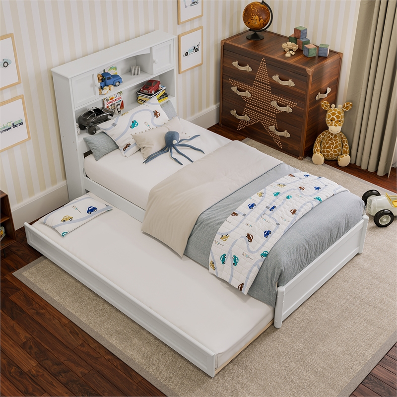 Denver Twin Wood Platform Bed with Twin Trundle in White
