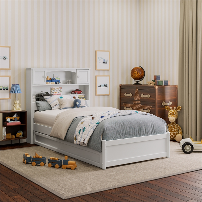Denver Twin Wood Platform Bed with Twin Trundle in White