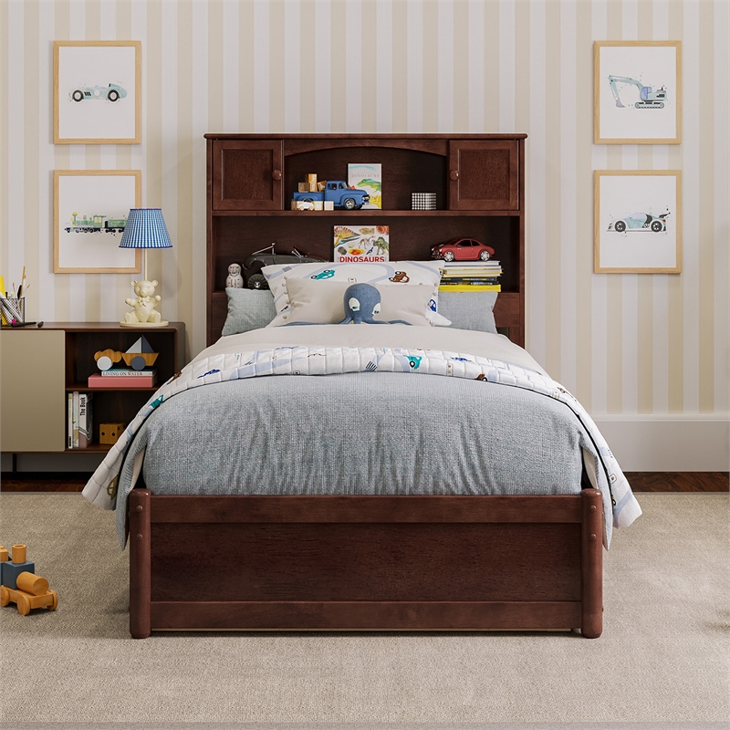 Denver Twin Wood Platform Bed with Twin Trundle in Walnut