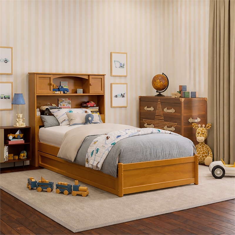Denver Twin Wood Platform Bed with Twin Trundle in Light Toffee
