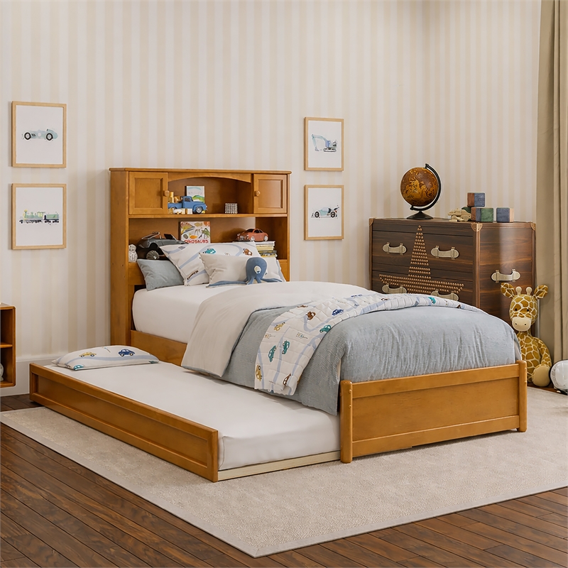 Denver Twin Wood Platform Bed with Twin Trundle in Light Toffee