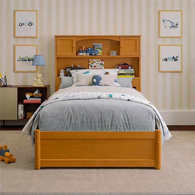 Denver Twin Wood Platform Bed with Twin Trundle in Light Toffee