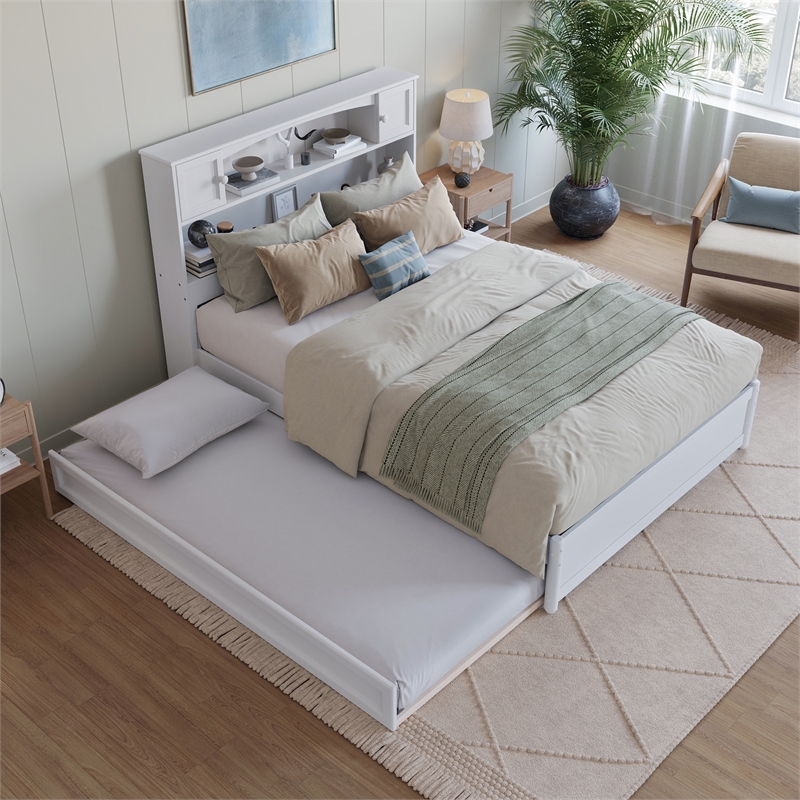 Denver Full Wood Platform Bed with Twin Trundle in White