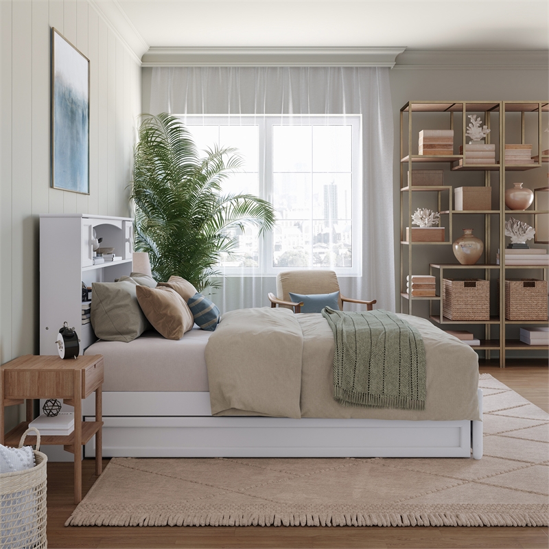 Denver Full Wood Platform Bed with Twin Trundle in White