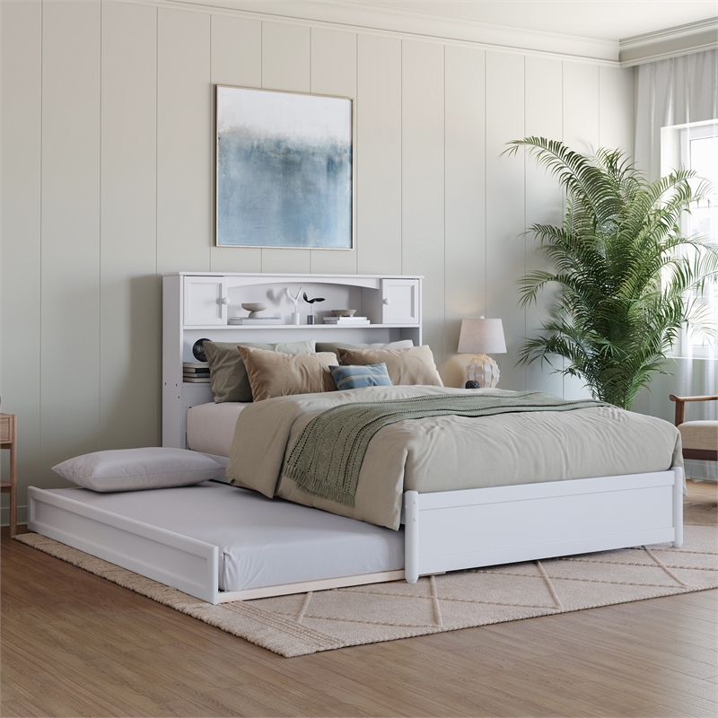 Denver Full Wood Platform Bed with Twin Trundle in White
