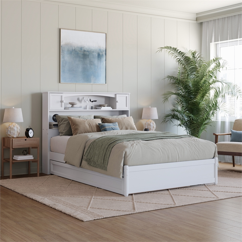 Denver Full Wood Platform Bed with Twin Trundle in White