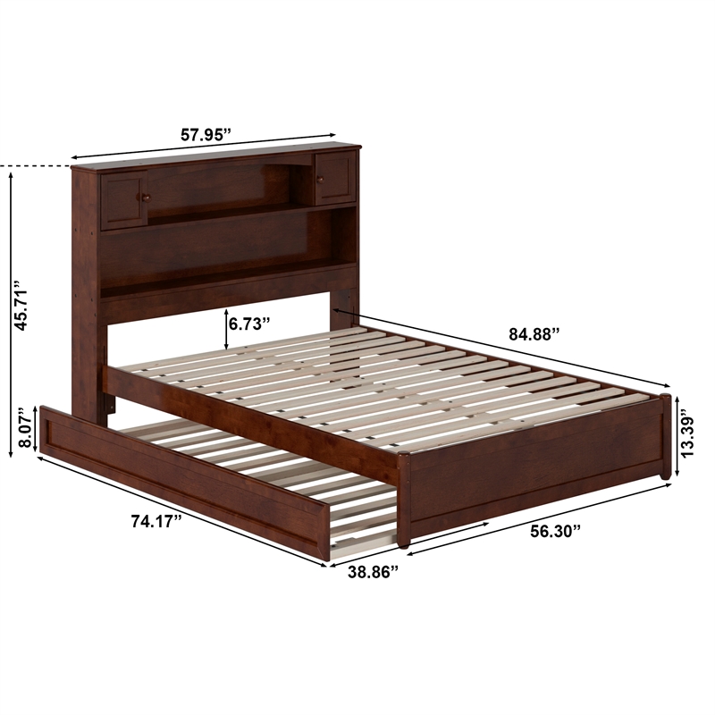 Denver Full Wood Platform Bed with Twin Trundle in Walnut