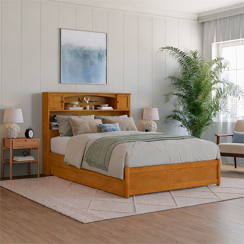 Denver Full Wood Platform Bed with Twin Trundle in Light Toffee