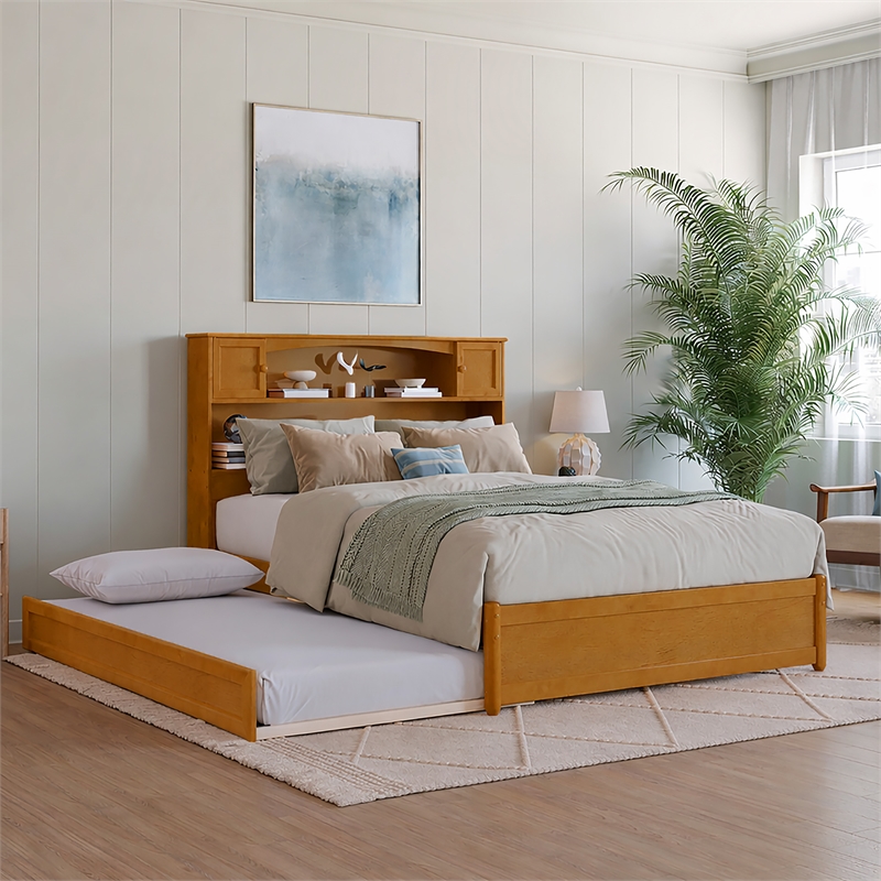 Denver Full Wood Platform Bed with Twin Trundle in Light Toffee