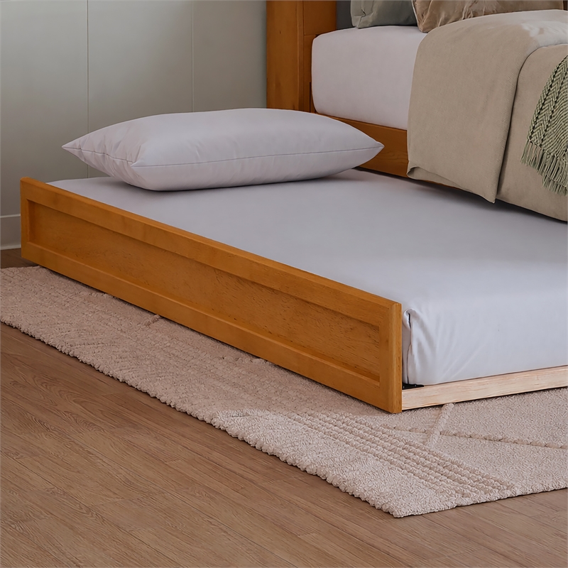 Denver Full Wood Platform Bed with Twin Trundle in Light Toffee