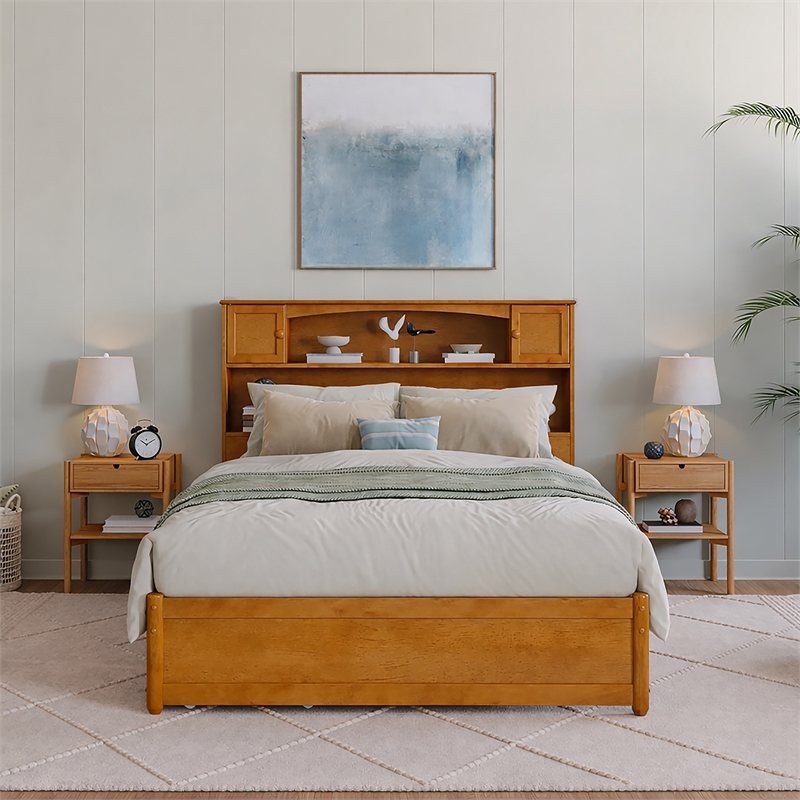 Denver Full Wood Platform Bed with Twin Trundle in Light Toffee