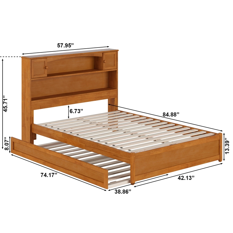 Denver Full Wood Platform Bed with Twin Trundle in Light Toffee