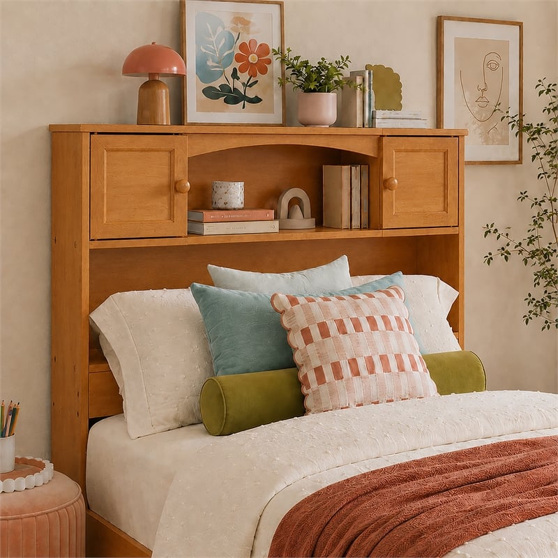 Denver Twin Wood Storage Bookcase Headboard in Light Toffee