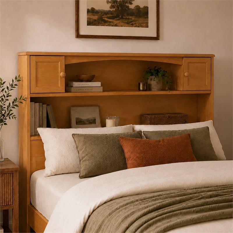 Denver Full Wood Storage Bookcase Headboard in Light Toffee