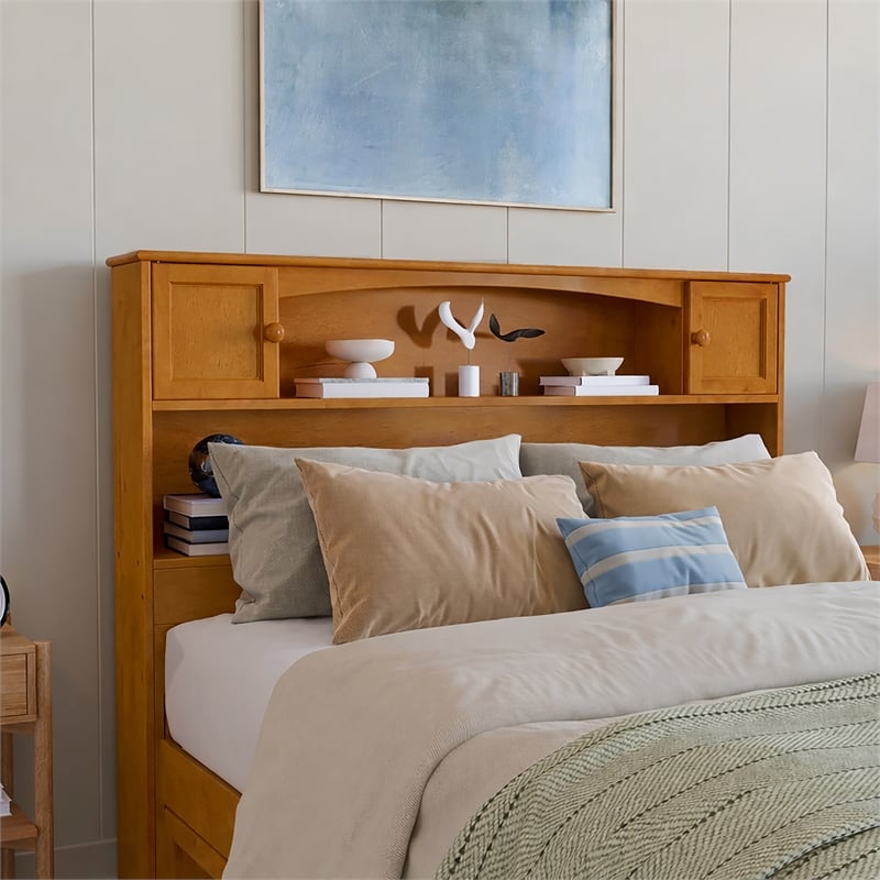 Denver Full Wood Storage Bookcase Headboard in Light Toffee