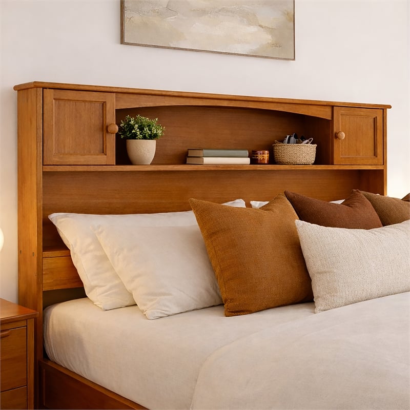 Denver Full Wood Storage Bookcase Headboard in Light Toffee